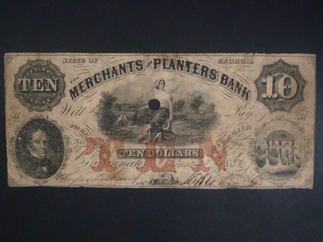 USA, 10 Dollars 1856, Merchants and Planters Bank, perforační dírka
