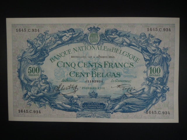 500 Francs/100 Belgas 1943, BNB. B564b, Pi. 109