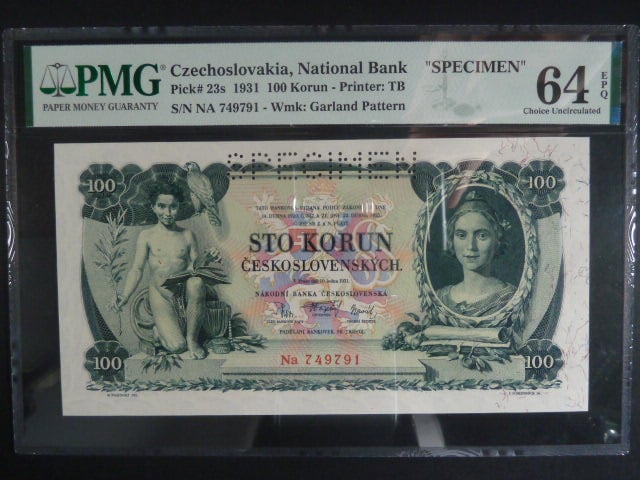 100 Kč 1931 série Na, II.vydání, perf. SPECIMEN, PMG 64