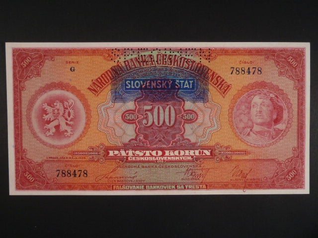 500 Ks 1929/1939 s přetiskem série G, perf. 1x SPECIMEN nahoře