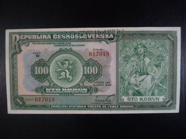 100 Kč 14.1.1920 série W, 1x perf. SPECIMEN