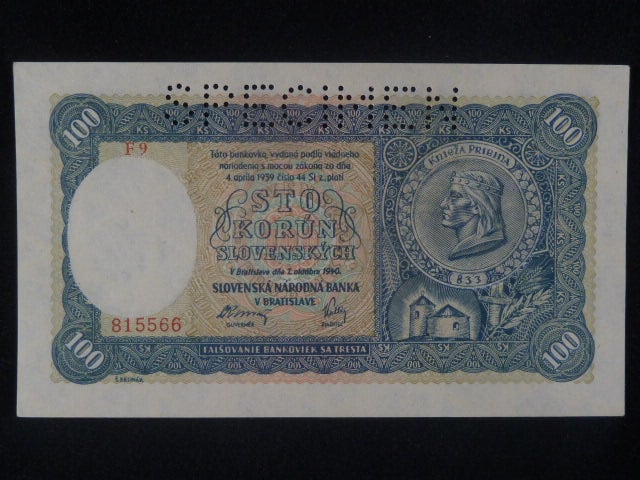 100 Ks 1940 II.vydání, série F 9, 1x perf. SPECIMEN nahoře
