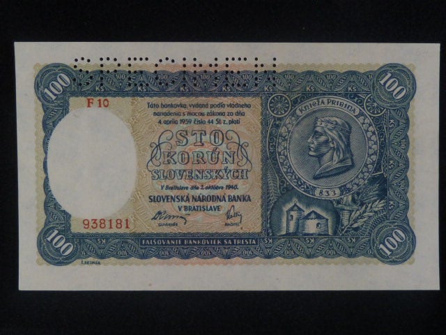 100 Ks 1940 II.vydání, série F 10, 1x perf. SPECIMEN nahoře