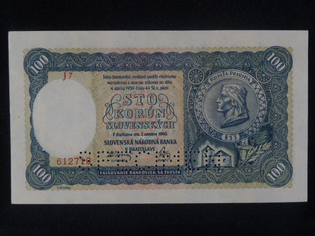 100 Ks 1940 II.vydání, série J 7, 1x perf. SPECIMEN dole