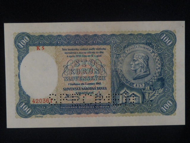 100 Ks 1940 II.vydání, série K 5, 1x perf. SPECIMEN dole