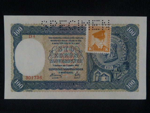 100 Ks 1940 II.vydání, kolkovaná série D 4, perf. SPECIMEN nahoře