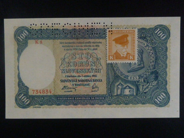 100 Ks 1940 II.vydání, kolkovaná série K 8, perf. SPECIMEN nahoře