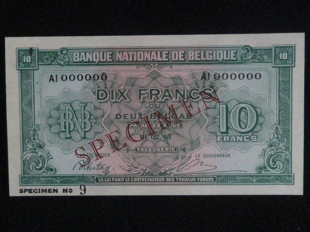 10 Francs/2 Belgas 1943, SPECIMEN anulát, BNB. B570as2, Pi. 122