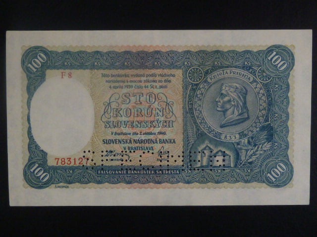 100 Ks 1940 II.vydání, série F 8, 1x perf. SPECIMEN dole