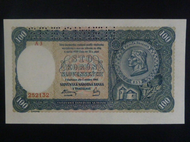 100 Ks 1940 II.vydání, série A 3, 1x perf. SPECIMEN nahoře