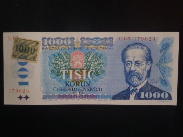 1000 Kč 1985/1993 série U 05 I.deska, kolek lepený