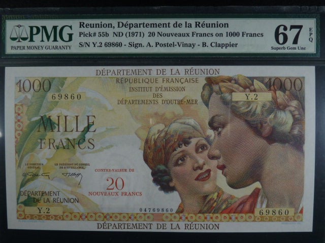 REUNION, 20 Nouveaux Francs 1971 (PMG 67) , BNB. 507b, Pi. 55b