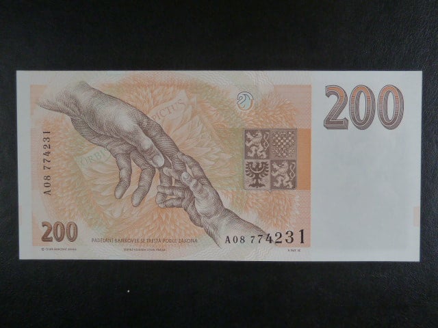 200 Kč 1993 série A 08 proužek Kčs, bílý papír