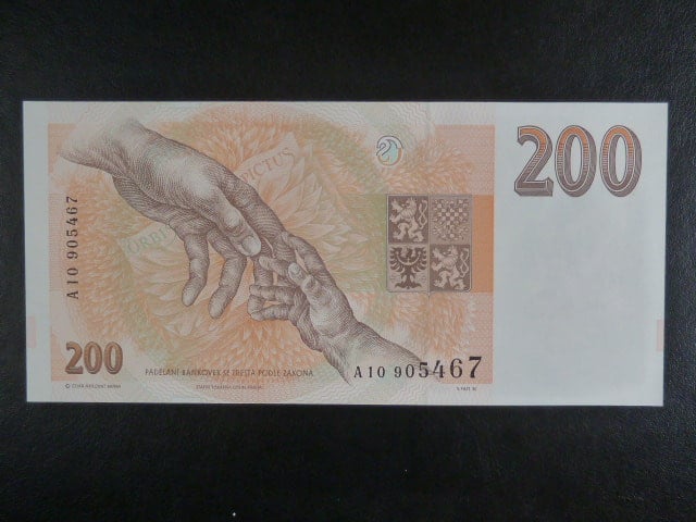200 Kč 1993 série A 10 proužek Kčs, bílý papír