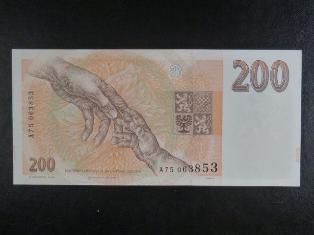 200 Kč 1993 série A 75 proužek Kčs, bílý papír