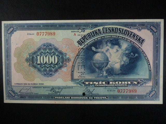 1000 Kč 1932 série A, bankovní vzor se svislou perf. SPECIMEN +  perf- otvor 4mm