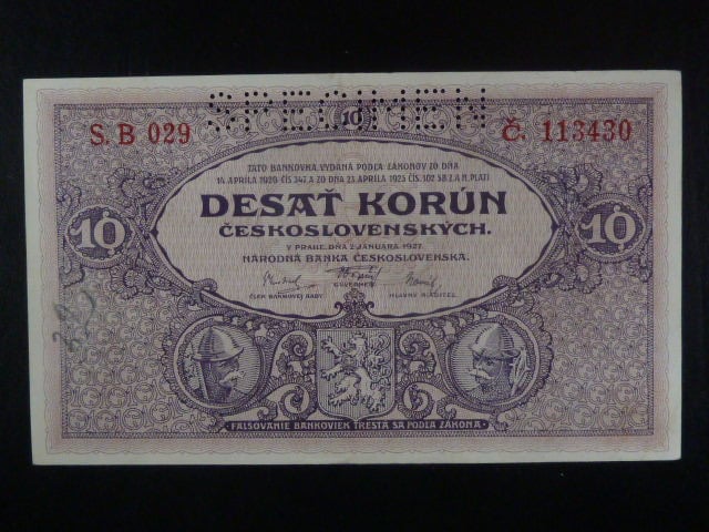 10 Kč 1927 série B 029, perf. SPECIMEN
