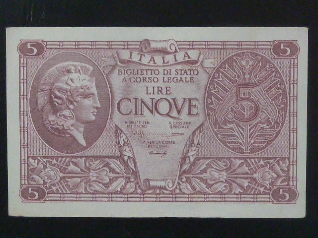 5 Lire 1944 série 0401, BNB. B318b, Pi. 31b