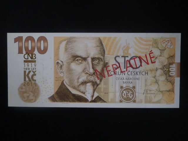 Rašín, 100 Kč 2019 série TE 02 NEVYDANÁ s přítiskem, přetisk SPECIMEN, (V1)
