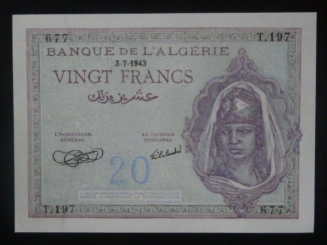 ALŽÍR, 20 Francs 3-7-1943, BNB. B135a, Pi. 92