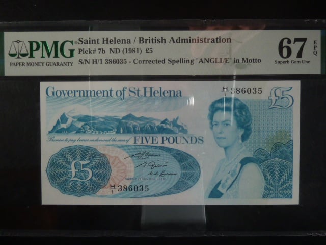 SVATÁ HELENA, 5 Pounds 1981 - PMG 67, opravené "ANGLIÆ", BNB. B303b, Pi. 7
