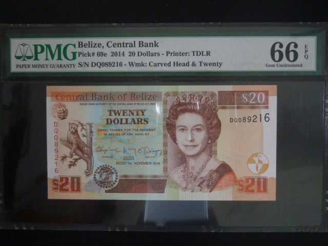 BELIZE, 20 Dollars 2014 - PMG 66, BNB. B327e, Pi. 69e