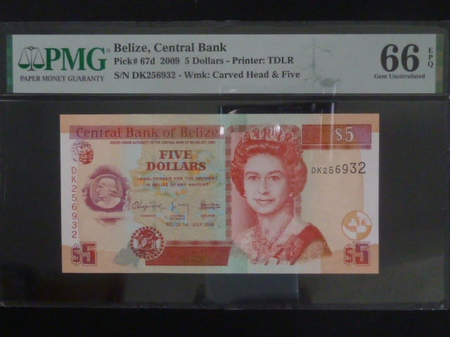 BELIZE, 5 Dollars 2009 - PMG 66, BNB. B325d, Pi. 67d