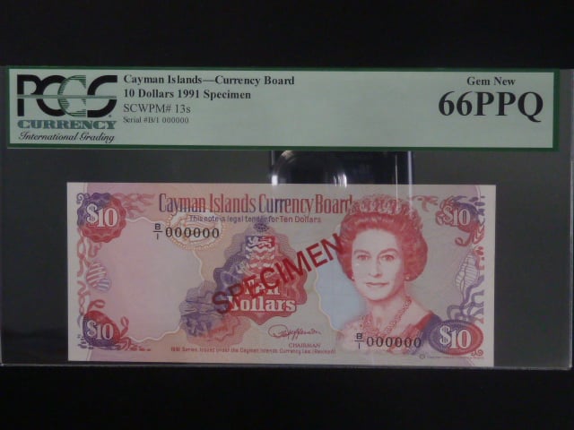 KAJMANSKÉ OSTROVY, 10 Dollars 1991 SPECIMEN - PCGS 66, BNB. B113as1, Pi. 13