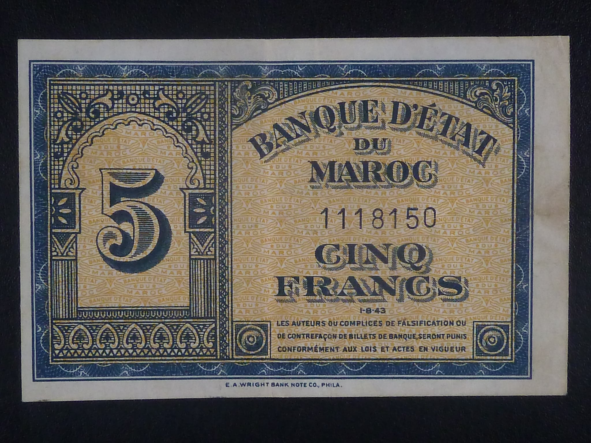 MAROKO, 5 Francs 1943, BNB. B218a, Pi. 24