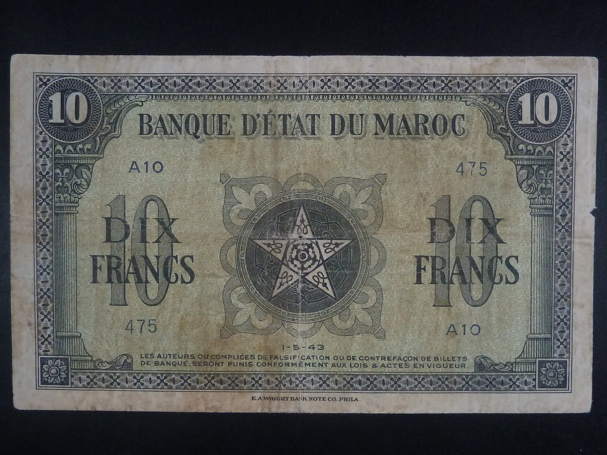 MAROKO, 10 Francs 1943, BNB. B219b, Pi. 25