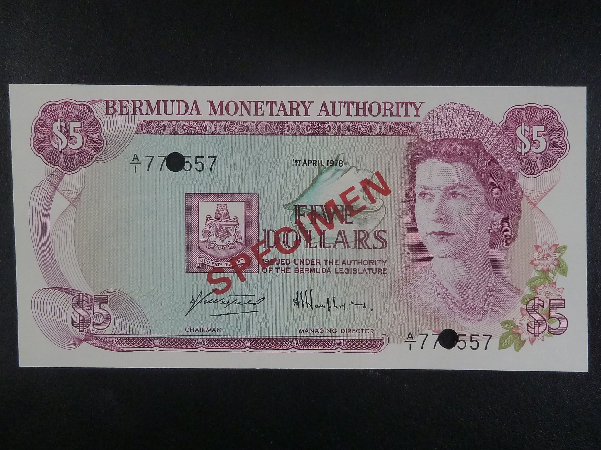 BERMUDY, 5 Dollars 1978 SPECIMEN + perf., BNB. B202as2, Pi. 29s
