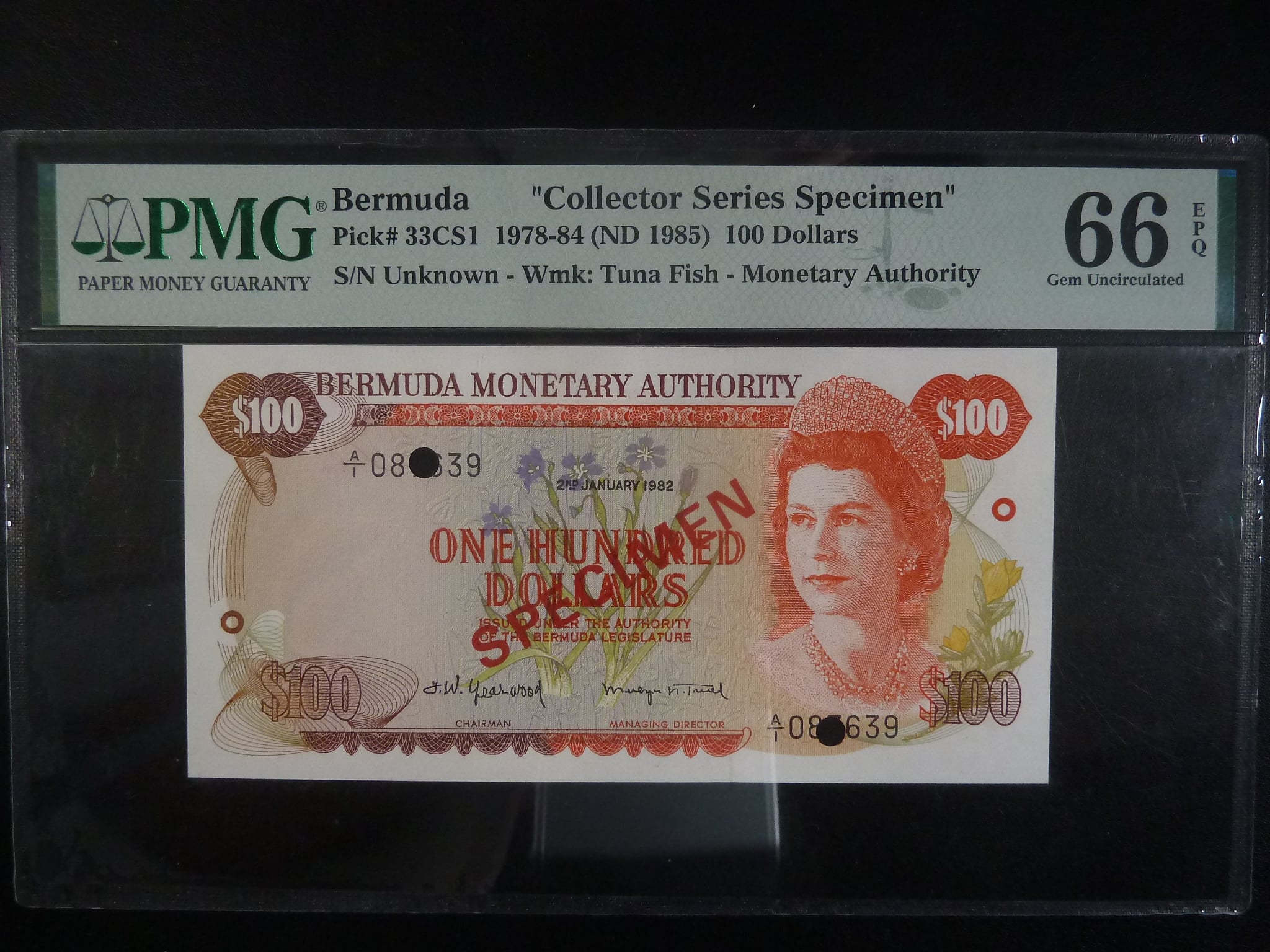 BERMUDY, 100 Dollars 1982 SPECIMEN + perf., BNB. B206as2, Pi. 33s
