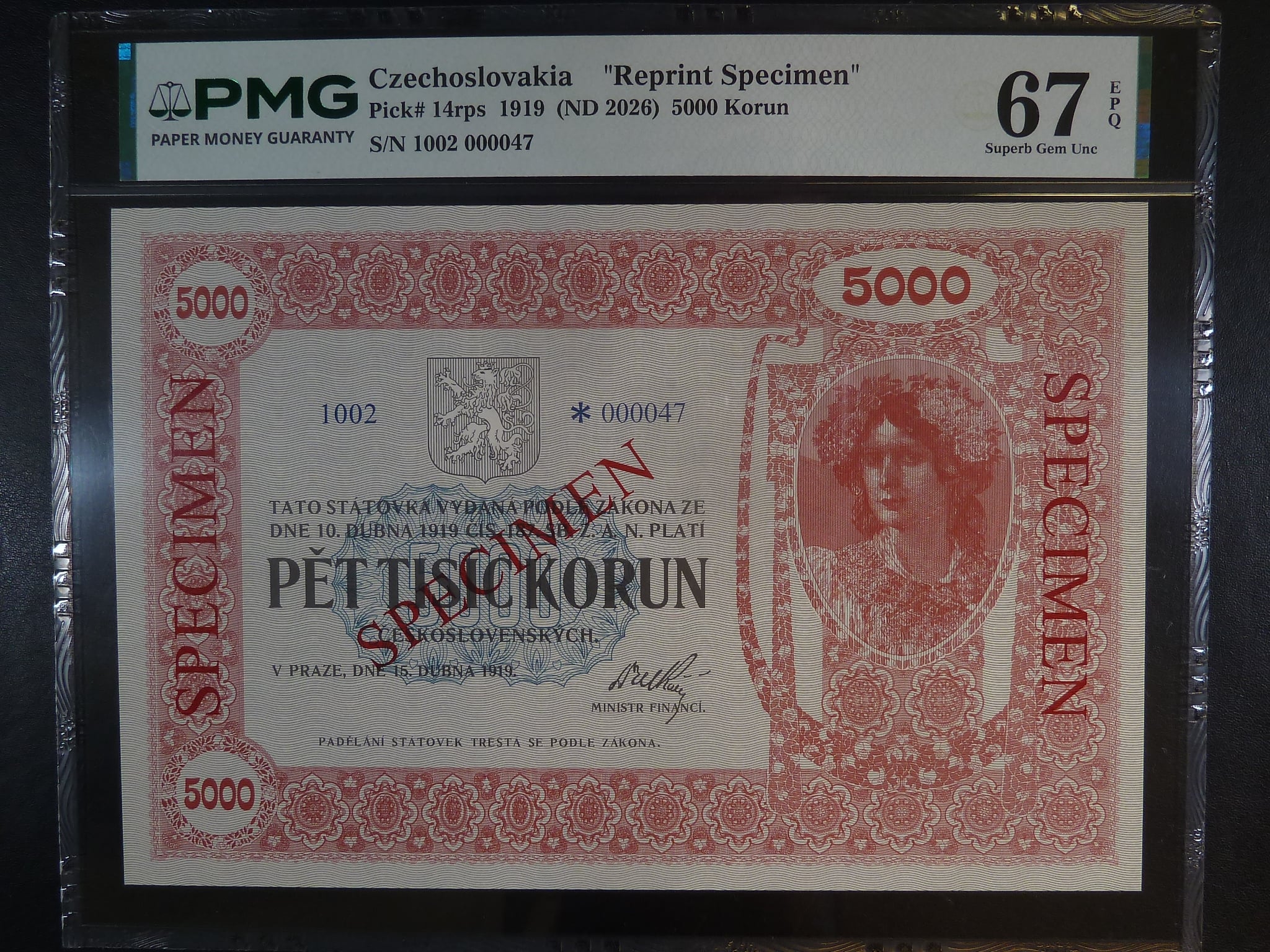 5000 Kč 1919 Novotisk s přetiskem Specimen - PMG 67, série 2, č. 47