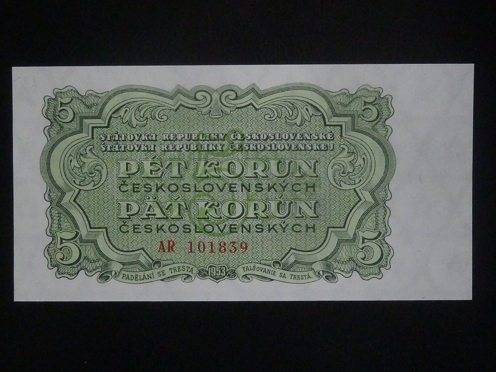 5 Kčs 1953, série AR posunutý číslovač, tiskárna Goznak Moskva