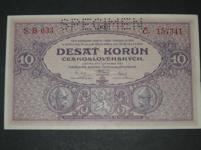 10 Kčs 2.1.1927 série B, perf. SPECIMEN