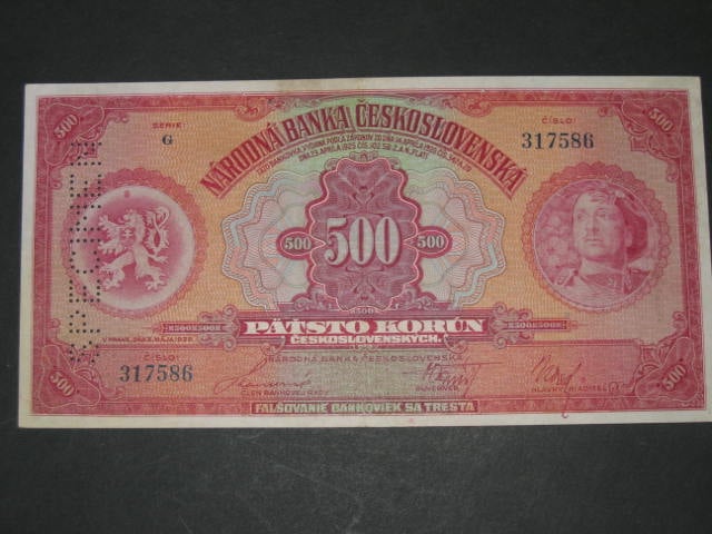 500 Kč 2.5.1929 , serie G, perf. svisle SPECIMEN