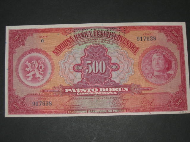 500 Kč 2.5.1929 , serie H, perf. vodorovně SPECIMEN
