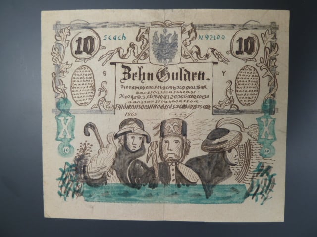 10 Gulden 15.1.1863, dobové kreslené falsum, na R raz "Falsificat" + raz. Budapest