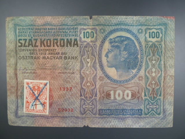 100 K 2.1.1912, Kolkovaná, padělaný kolek