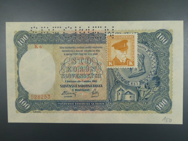 100 Ks 7.10.1940 II.vydání, kolkovaná série K6, perf. SPECIMEN