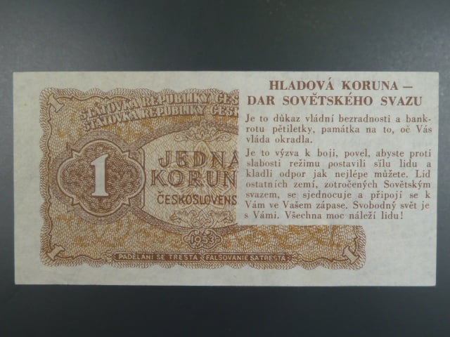 Hladová koruna - dar Sovětského Svazu, propagandistický leták ve tvaru 1 Kčs 1953