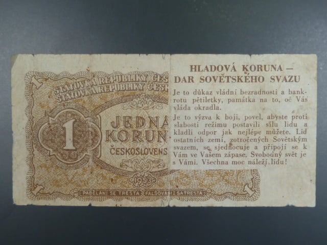 Hladová koruna - dar Sovětského Svazu, propagandistický leták ve tvaru 1 Kčs 1953