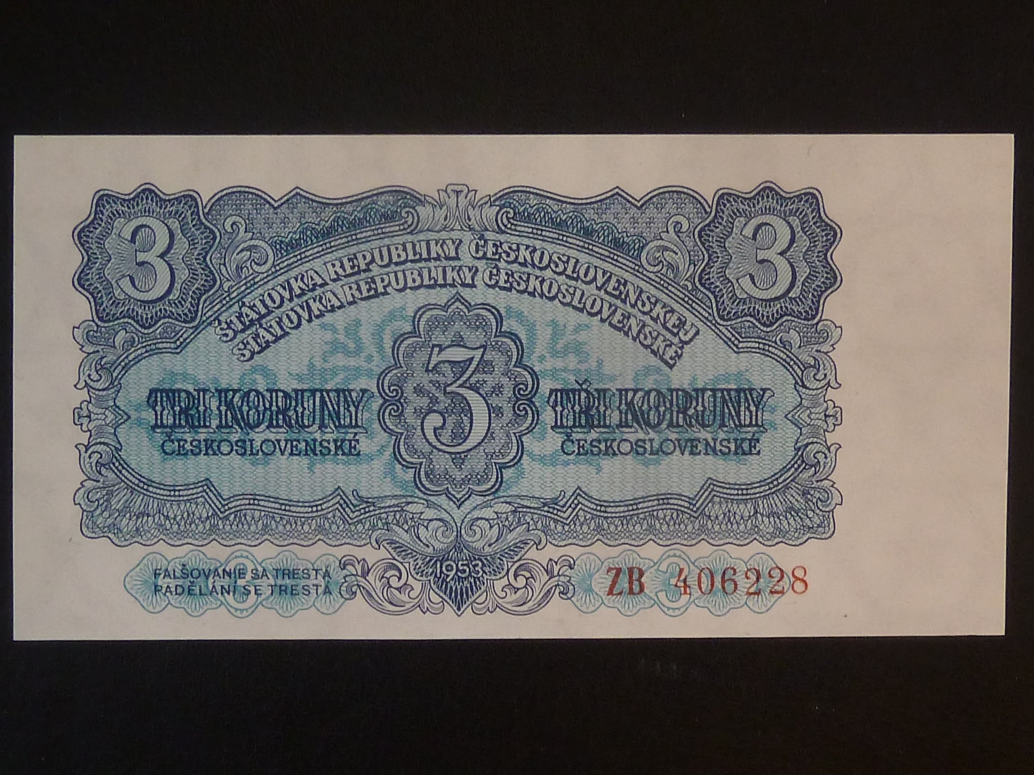 3 Kčs 1953 série ZB, tiskárna Goznak Moskva, náhradní série
