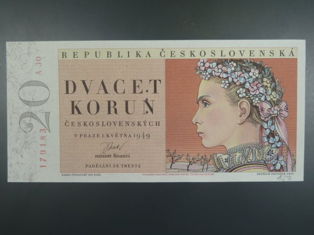 20 Kčs 1.5.1949, série A 30, perforace 3md