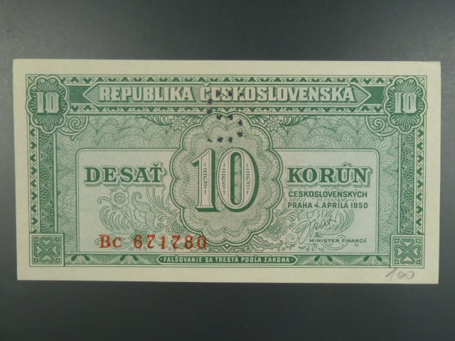 10 Kčs 4.4.1950 série Bc, perf. "S"