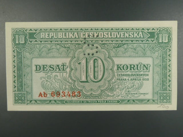 10 Kčs 4.4.1950 série Ab, perf. "S"