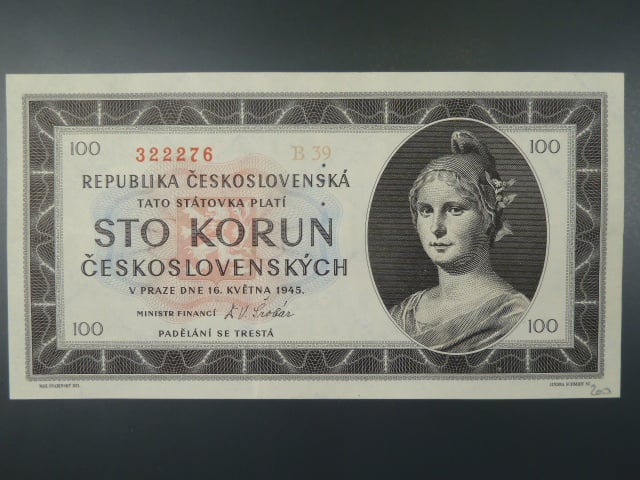 100 Kčs 1945 série B 39 perforace 3md