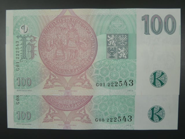 100 Kč 1997 s. G - dvojice bankovek se stejným číslem, ale jinou sérií