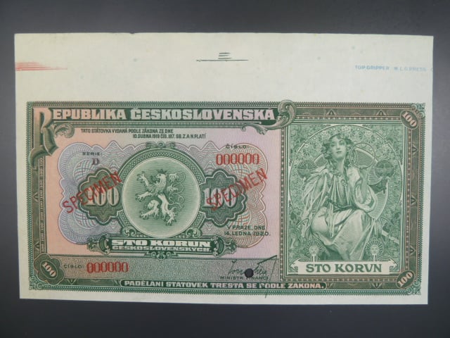 100 Kč 14.1.1920 s. D anulát, 2x přetisk SPECIMEN, neořezaný horní okraj