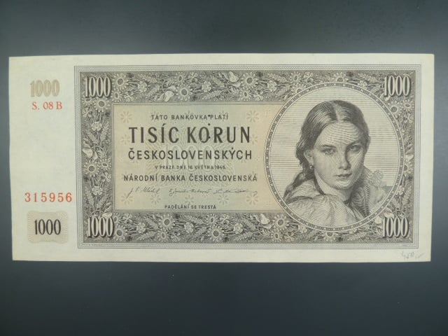 1000 Kčs 16.5.1945 série B 08, perf. 3md